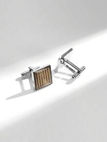 1 Pair Brown Square Checkered Pattern Copper Alloy Cufflinks, Fashionable For Parties And Gatherings