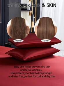 2/3件套纯色酒红色缎面床笠套装，仿丝绸质感，含1个床笠和1/2个枕套（不含枕芯），现代柔软床上用品套装，适用于家用特大号、大号、标准双人床、单人床等多种尺寸，床笠深度可达11.8英寸，透气防皱，提升睡眠质量，可机洗。 - 酒紅色 - 查看 6