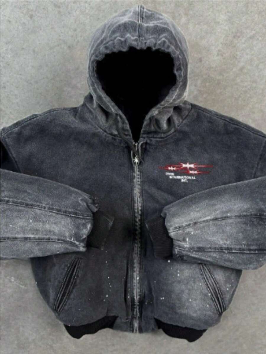 Men's Clothing 2025 Harajuku Y2K Starlight Print Autumn And Winter Hooded Washed Black Old Print Zipper Street Hip-Hop Sports Cardigan Loose Zipper Long-Sleeved Hoodie Jacket - 黑色做舊拉鍊 - 查看 1