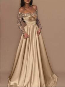 2026 Women's Banquet Long Sleeve Temperament Ladies Annual Meeting Host Aura Queen Sequin Evening Dress - 金色 - 查看 1