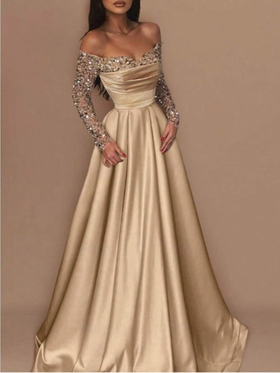 2026 Women's Banquet Long Sleeve Temperament Ladies Annual Meeting Host Aura Queen Sequin Evening Dress - 金色 - 查看 1