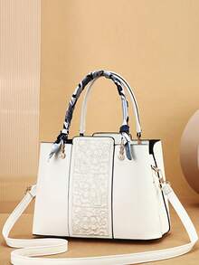 三件套刺绣女士包包套装 - 优雅几何印花，人造革材质，包含手拿包和丝巾 - 黑色 - 查看 5