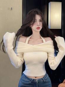 Sexy Halter Neck Knit Sweater For Women, Off Shoulder Long Sleeve Cropped Top, Autumn/Winter - Apricot - View 1