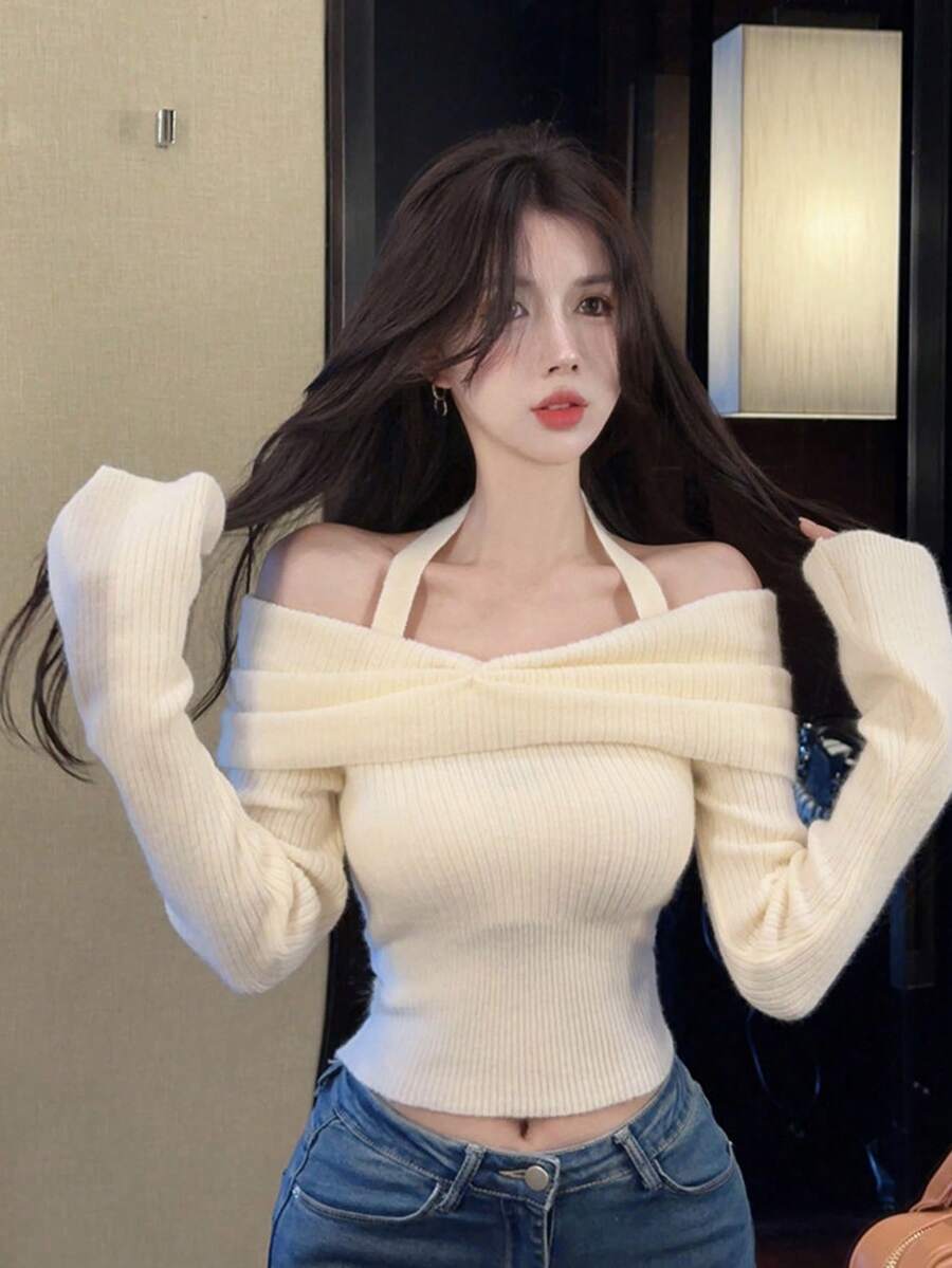 Sexy Halter Neck Knit Sweater For Women, Off Shoulder Long Sleeve Cropped Top, Autumn/Winter - Apricot - View 1