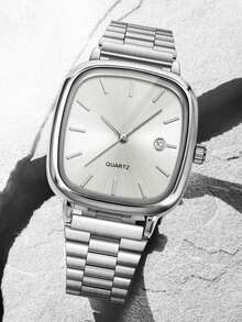 4件套简约商务男士石英表，男士银色配饰套装（包括2块黑白表盘方形石英表和2条银色链式手链），采用银色金属表带和链式手链，简约精致的风格展现男士的成熟品味。