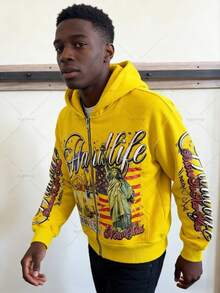 Hip Hop Y2K Streetwear American Vintage Alphabet Hooded Cardigan Printed Loose Sports Harajuku Sweater - Màu vàng - Xem 8