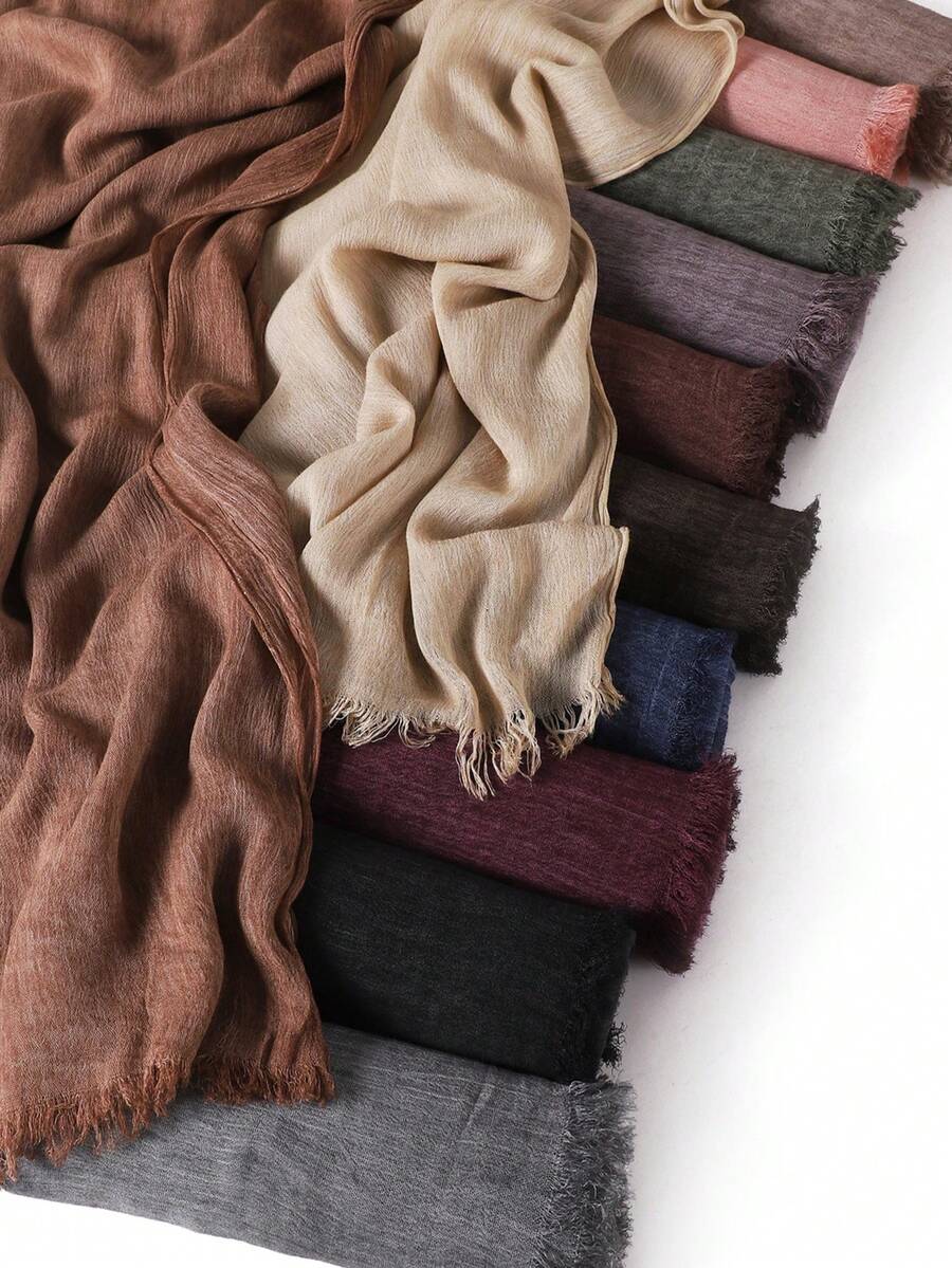 وشاح نسائي بلون أحادي مطوي مزين بشرابات، وشاح رأس يومي عادي، وشاح/حجاب للحماية من الشمس والدفء قطعة واحدة - متعدد الألوان - مشاهدة 1