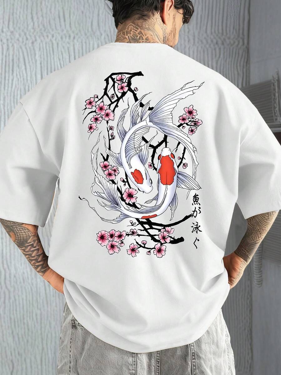Fractyr Fractyr 男士夏季休闲T恤，锦鲤樱花印花，百搭街头风，展现您的独特时尚品味，送给男友或丈夫的完美礼物 - 白色 - 查看 1