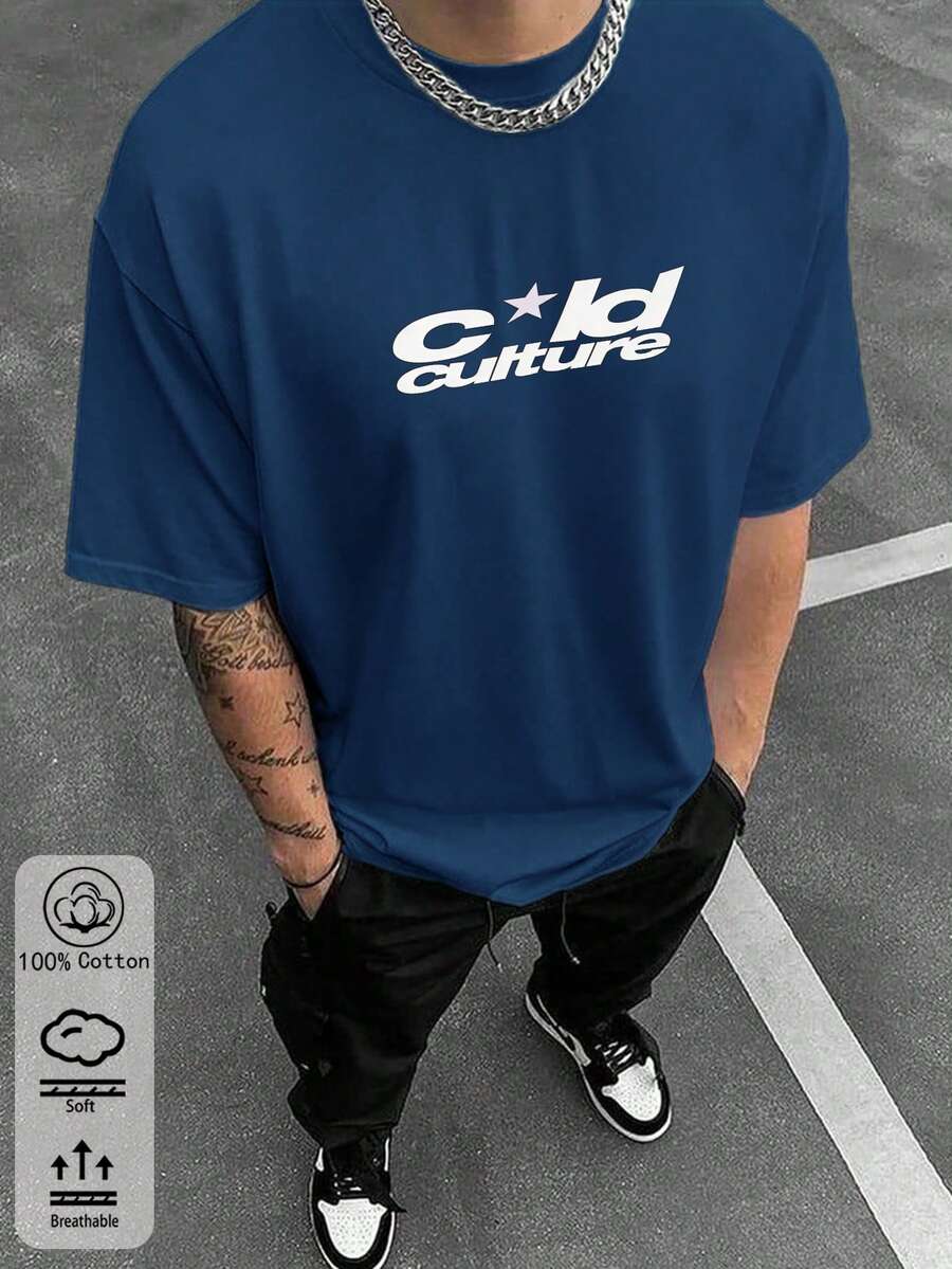 2026 Spring/Summer Plus Size Graphic Print 100% T-Shirt, Street Style Suitable For Casual, Sports, Home Wear, Versatile Outfit For Men, Denim Blue - Denim Blue - View 1