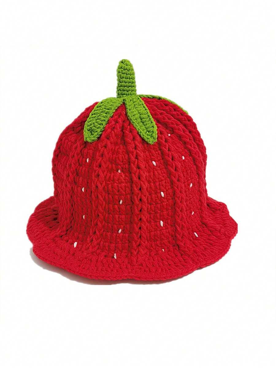 1顶男女通用手工钩编卡通水果镂空针织帽，保暖可爱卡通食物造型渔夫帽，时尚镂空荷叶边渔夫帽，秋冬款 - 彩色 - 查看 1