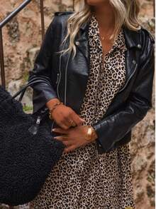 Plus Size Women's Leopard Print Button Front Dress, Leopard V-Neck Mini Dress, Short Sleeve Casual Leopard Print Dress, Spring/Summer Vacation Elegant - Brown - View 5