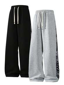 男士抽绳松紧腰宽松阔腿裤，饰有腰果花拼接细节，街头休闲运动裤，适合春秋季日常穿着、聚会和度假。 - 淺灰色 - 查看 3