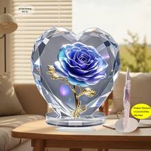 2D Acrylic Crystal Heart Sculpture With Blue Rose And Engraving, Mother's Day Gift - Elegant Desktop Decor For Home & Office, Gift For Friends & Family, Heart-Shaped Decor - Multicolor - View 5