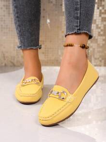 2025Women's Spring New ArrivalTrendsGold Chain Elegant Slip-On Loafers,Lightweight, Comfortable, VersatileRubber Flat Shoes - Yellow - View 13