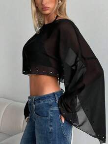 Top corto de gasa negra para mujer, blusa de malla con mangas acampanadas tachonadas, torera ligera de verano para club, elegante cobertura transparente para fiesta - Negro - Ver 3
