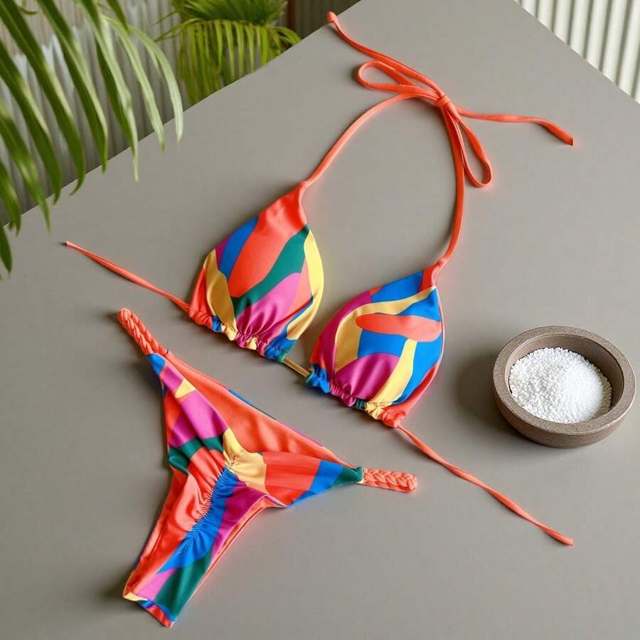 女士几何印花花边吊带性感比基尼套装 夏季