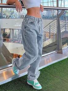 Y2K街头风水洗牛仔裤，斜插口袋，松紧腰，阔腿设计，休闲日常穿着