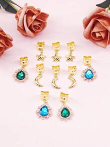 10件套合金星月搭配镂空镶嵌水钻发饰吊坠，DIY发珠编织发夹装饰 - 金色 - 查看 2