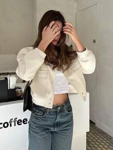 Women's Loose Fit Beige Bomber Jacket, Long Sleeve, Large Pockets, Stand Collar, Casual Street Style Spring Outerwear - Beige - View 8