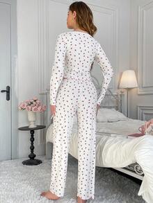 Bộ đồ ngủ nữ 2 món, gồm áo tay dài và quần, có nơ, họa tiết hoa, viền ren, ôm sát, thoải mái, thích hợp mặc ở nhà hoặc mặc ngoài, mùa xuân/hè/thu. - trắng - Xem 6