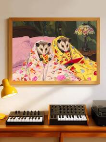 1幅披萨之夜艺术版画，超现实负鼠在床上吃披萨，松鼠在床上吃甜甜圈艺术版画，复古古怪动物墙饰，节日礼物，卧室装饰，客厅装饰，办公室装饰，厨房装饰，墙面艺术，墙面装饰，家居装饰，房间装饰，帆布墙画，海报，带框墙画，可选画框 - 彩色 - 查看 1