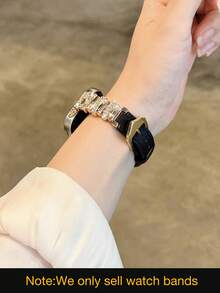 1pc Women's Black Asymmetrical Metal Splicing Embellished Lizard Grain Leather Watch Band, Compatible With Huawei Fit4/Fit 4 Pro, Fit3/Fit2 Wristband - Black Gold Buckle - View 3