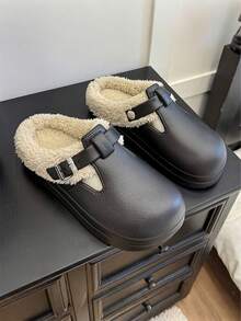 Women's Plush Slippers, Warm Indoor Shoes - PU Leather Upper, Soft Beige Plush Lining, Adjustable Strap, Thick Memory Foam Non-Slip Sole, Comfortable To Wear, Suitable For Indoor And Outdoor, Bedroom/Living Room Warmth And Comfort, Fashionable And Versatile, Perfect Christmas/New Year Gift For Women In 2025 - Warm And Comfortable Plush Lined Clogs To Keep You Warm Through The Winter - Black - View 7