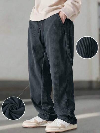 1条男士灯芯绒抽绳阔腿休闲运动裤，适合户外活动