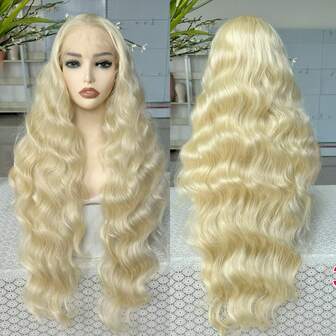 13*6 Vågig Peruk med Lace Front, Extra Lång, Mittskillnad, Friskillnad, Babyhår, Naturliga 86 cm Högtemperaturfiber, Lämplig för Fest och Vardagsbruk, Syntetperuk för Kvinnor, Heltäckande Huvud