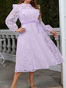 Simplee Gaun Lengan Panjang Leher Bulat Berenda Elegan Ukuran Plus untuk Wanita, Cocok untuk Pesta dan Kencan, Musim Semi/Panas - Purple - View 5