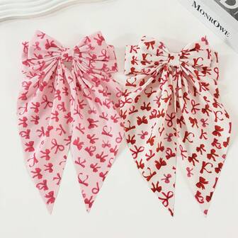 2pcs Valentine's Day Women's Sweet & Elegant Pink, Red Fabric Bow Print Butterfly Clip, Hair Accessories Ponytail Holder, Suitable For Holidays, Parties, Daily Wear, Boho Cute & Elegant