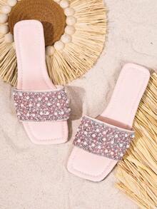 Summer Pink Flat Slide Sandals Women Square Toe Rhinestone Pearl Embellished Slip On Beach Slippers Fashion Daily Wear - 彩色 - 查看 3