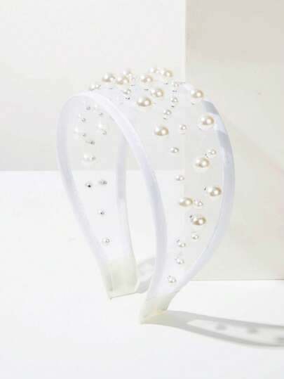 1 pieza Diadema de tela de unicolor negro y blanco de ala ancha, accesorio para el cabello versátil, creativo, elegante y lindo con decoración de perlas de estilo minimalista coreano de malla, para mujer, verano, vacaciones, viaje