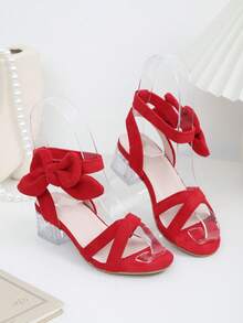 1 Pair Latest Summer Red Bow High Heel Sandals, Suitable For Children. This Multifunctional Style Is An Excellent Choice For Daily Outings, Summer Vacations, And Shopping Malls. They Can Be Easily Paired With Various Outfits, Giving A Casual, Fashionable And Comfortable Feel. Girls Sandals, Children Shoes - Red - View 4