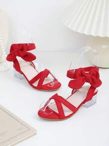 1 Pair Latest Summer Red Bow High Heel Sandals, Suitable For Children. This Multifunctional Style Is An Excellent Choice For Daily Outings, Summer Vacations, And Shopping Malls. They Can Be Easily Paired With Various Outfits, Giving A Casual, Fashionable And Comfortable Feel. Girls Sandals, Children Shoes - Red - View 2