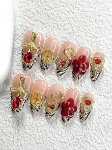 10 Peças Adesivos de Unhas Estilo Palácio Requintado, Varinha Dourada com Strass Vermelho Cintilante, Floral de 5 Pétalas Vermelhas Pintadas à Mão, Coração Entalhado em Rosa, Decoração de Unhas em Cruz Dourada, Arte de Unhas com Listras Pontilhadas Pretas, Esmalte Branco, Inclui Ferramentas de Unhas (1 Adesivo de Gelatina + 1 Lixa de Unhas), 3 Opções de Tamanho - Multicolorido - Visão 3