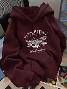 1 Pcs D92 - Loose Hoodie, Fashion  Italian Architecture Rowing Letter Pattern Printed Hoodie, Spring And Autumn, Women's Wear L14970180g 100% Cotton - 深紅色-A - 查看 12