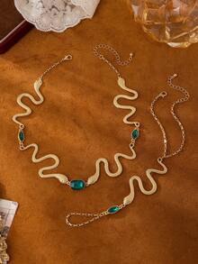 2pcs Exaggerated Fashion High-End Snake & Dark Green Faux Gemstone Necklace & Finger Chain Set, Exotic Mysterious Luxury Jewelry Set, Perfect Gift For Girlfriend, Best Friend, Mother, Suitable For Daily Commute, Parties, Fashion Shoots, Banquets, Vacations - Yellow Gold - View 5