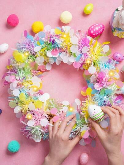 2pcs Easter Pastel Tinsel Garland With Egg-Shaped Sequins, Colorful Spring Bunny Ear Wreath DIY Decor, Iridescent Tinsel Ribbon For Easter Basket, Tree, Mantel, And Party Favors.