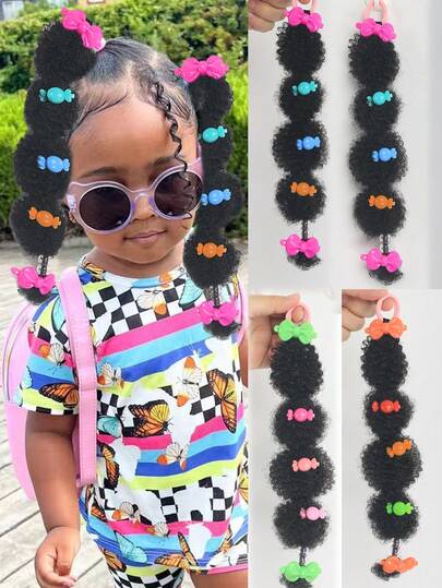 (Color Random) 1pc Kids Ponytail Hair Extension Accessory, Cute Small Messy Bun Fluffy Hair Piece, Kids Braided Ponytail, Girls Style