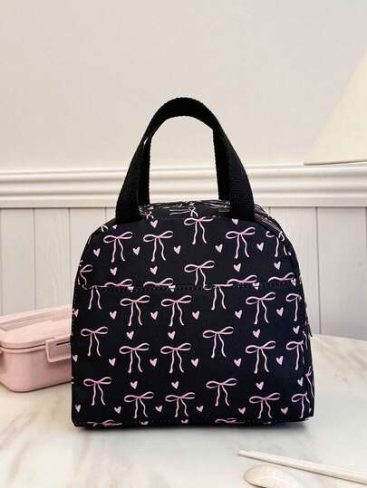 Student Portable Insulated Lunch Bag, Thickened Cute Fruit Lunch Tote Bag With Bow And Heart Pattern