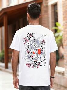 Fractyr Fractyr 男士夏季休闲T恤，锦鲤樱花印花，百搭街头风，展现您的独特时尚品味，送给男友或丈夫的完美礼物 - 白色 - 查看 3