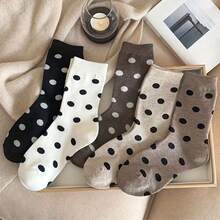 5 Pairs Women's Mid-Calf Socks, Polka Dot Contrast Color Pattern, Sweet & Fashionable, Ins Style High-Top Socks, Lightweight Breathable Comfortable, Moisture-Wicking, Suitable For Sports, Casual And Streetwear, Spring/Autumn