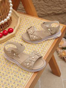 1 Pair Girls' Casual Summer Open Toe Flower & Pearl Decor Hook And Loop Soft Bottom Flat Sandals - Apricot - View 2