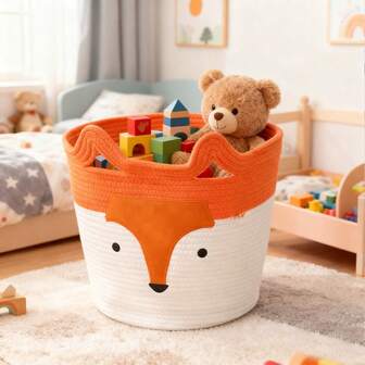 Inwagui 可爱狐狸造型洗衣篮，大号编织绳收纳篮，适用于婴儿房、卧室、浴室、客厅——多功能收纳篮，配有结实耐用的提手，可收纳衣物、玩具、毯子等物品，温馨家居装饰，节省空间，完美春季装饰，复活节礼物之选，母亲节礼物佳品，橙色，轻便可折叠，易于移动，保持衣物整洁，婴儿房收纳，玩具收纳，床单收纳篮，卧室点缀，浴室收纳，生活空间解决方案