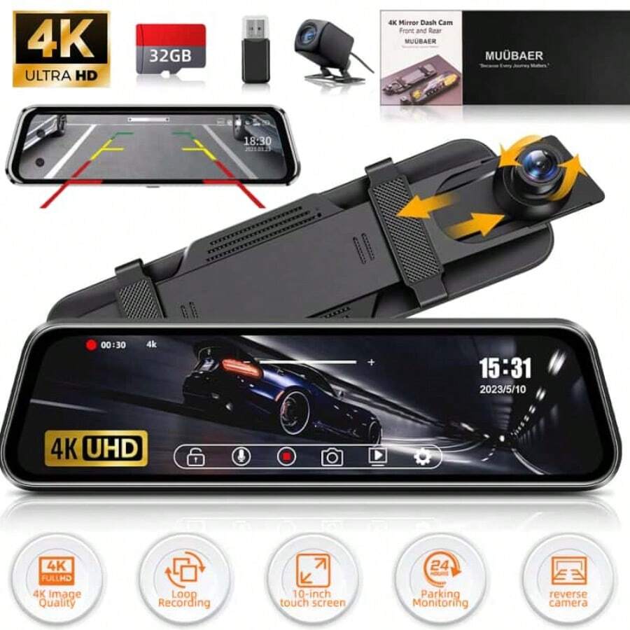 4K Rear View Mirror Dash Cam For Cars - 9.66" Touch Screen, Front And Rear Dual Recording, Wide Angle, Night Vision, Loop Recording | Includes 32GB SD Card | Ideal For Road Trips & Vehicle Security | Perfect Halloween/Christmas Gift - Premium Mirror Dash Cam-32G - 查看 1