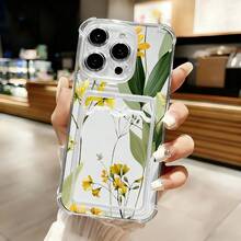Funda para teléfono con tarjetero, diseño de flores amarillas y hojas verdes, mostrando un estilo artístico fresco y elegante, compatible con los modelos  17, 16, 15, 14 PLUS, 13, 12, 11 PRO MAX, perfecta para regalar. - Colores mixtos - Ver 4
