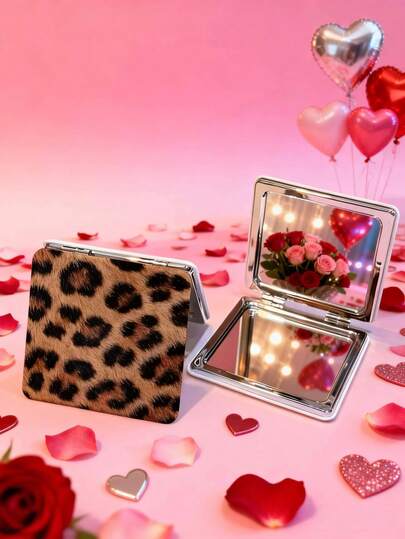 豹纹迷你化妆镜，小巧便携，双面翻盖设计，防碎玻璃镜面，黑色粉末涂层镜框搭配金色铰链，可折叠设计，适合旅行、宿舍、梳妆台使用，是送给女性、妈妈、新娘、女儿、姐妹的完美礼物，也是母亲节、生日、圣诞节、情人节的理想之选。