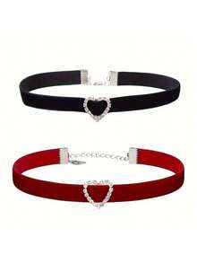 黑色天鹅绒项链，配水晶心形吊坠，聚酯纤维材质，非电镀，时尚百搭，适合日常佩戴和情人节，四季皆宜。 - 彩色 - 查看 5