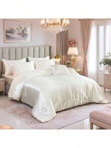 White Satin Queen Comforter Set With Sheet Set Silk Like Satin Bedding Set Geometric Plaid Pinch Pleat Luxury Bedding Comforter 8 Pieces Satin Bed Set For Women And Females Bedroom Decor With 1 Comforter  4 Pillowcases 1 Flat Shhet 1 Fitted Sheet 1 Cushion Cover - 白色 - 查看 13